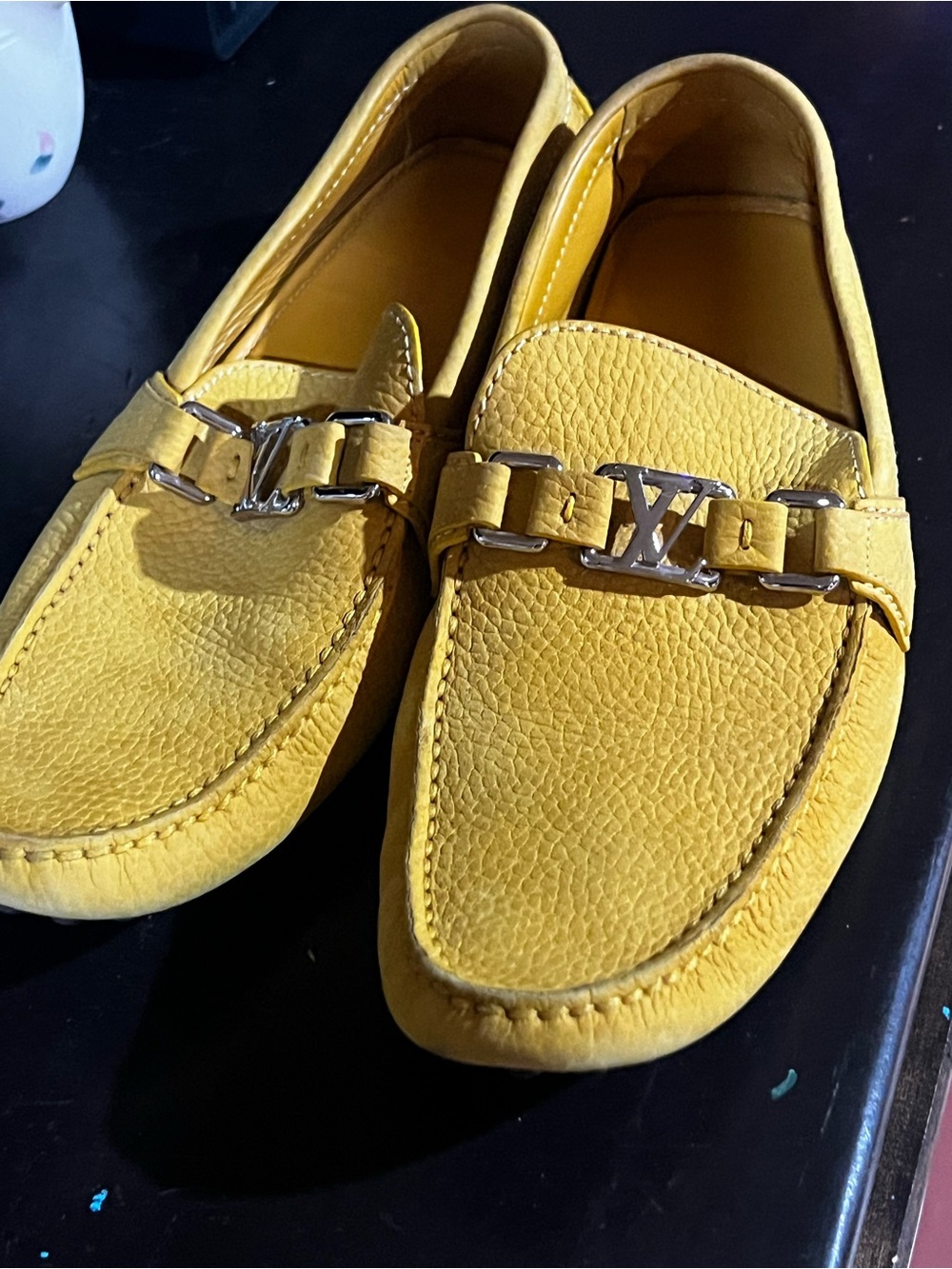 Louis Vuitton Yellow Pebbled Leather Driving Moccasins with Black Rubber Studs - Picture 2 of 6
